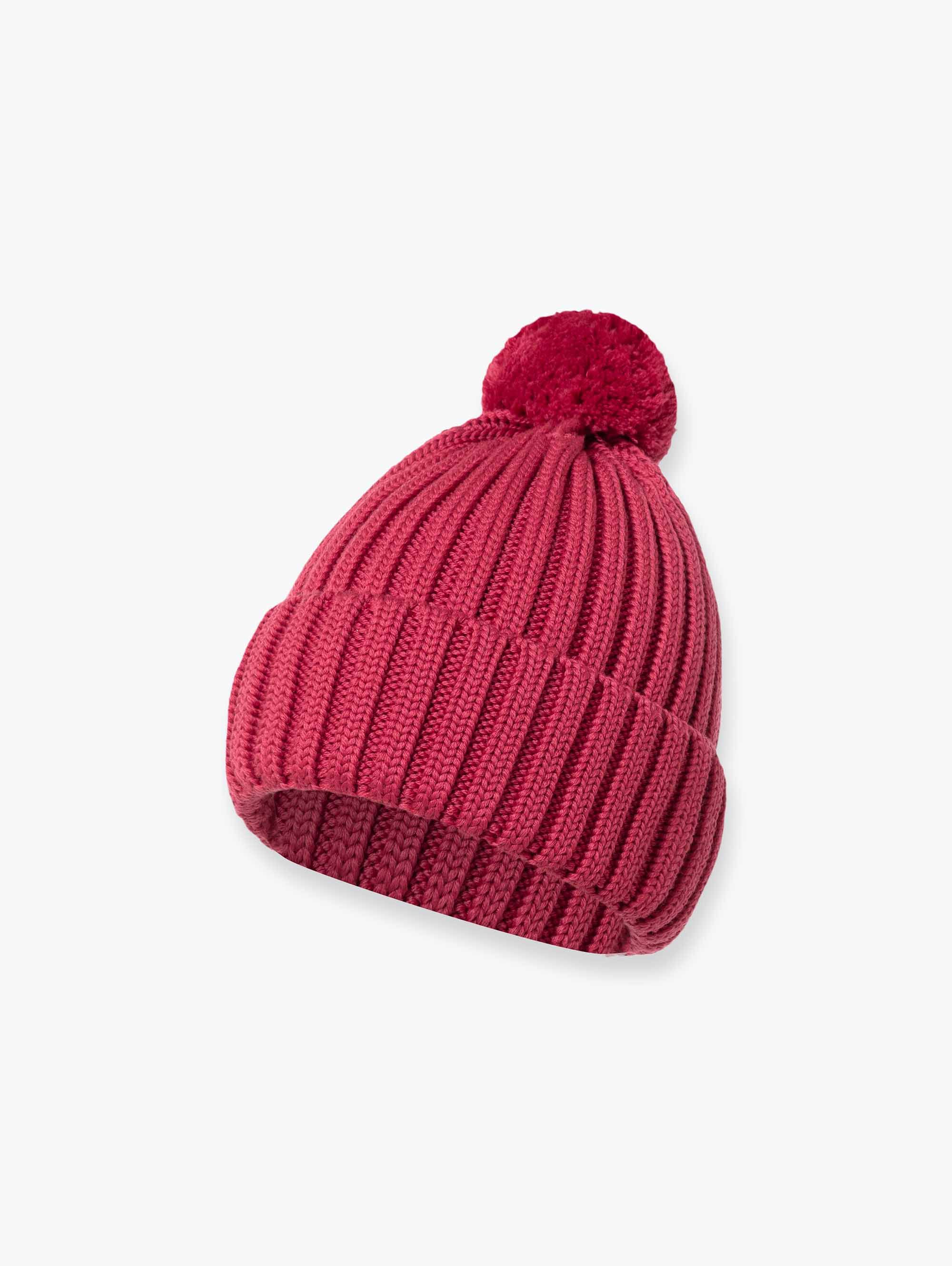 Malinowa czapka merino z pomponem