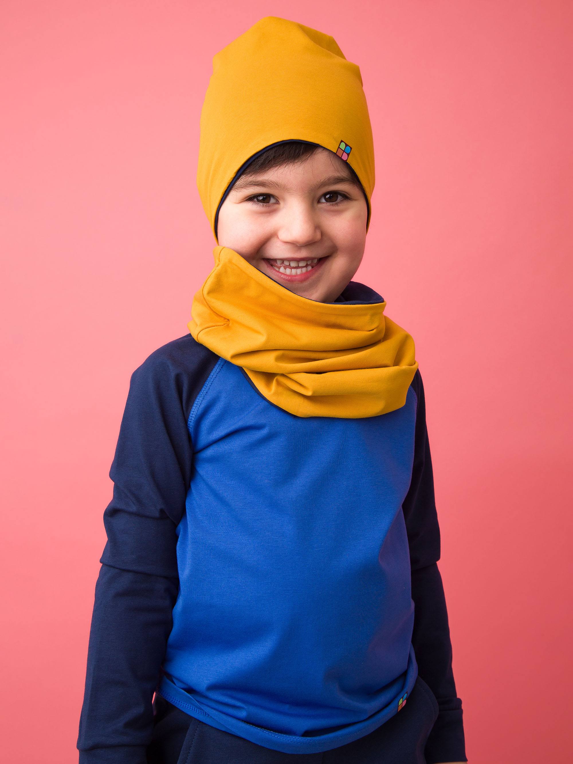 Mustard-navy blue Reversible Beanie & Neck Warmer Set Junior