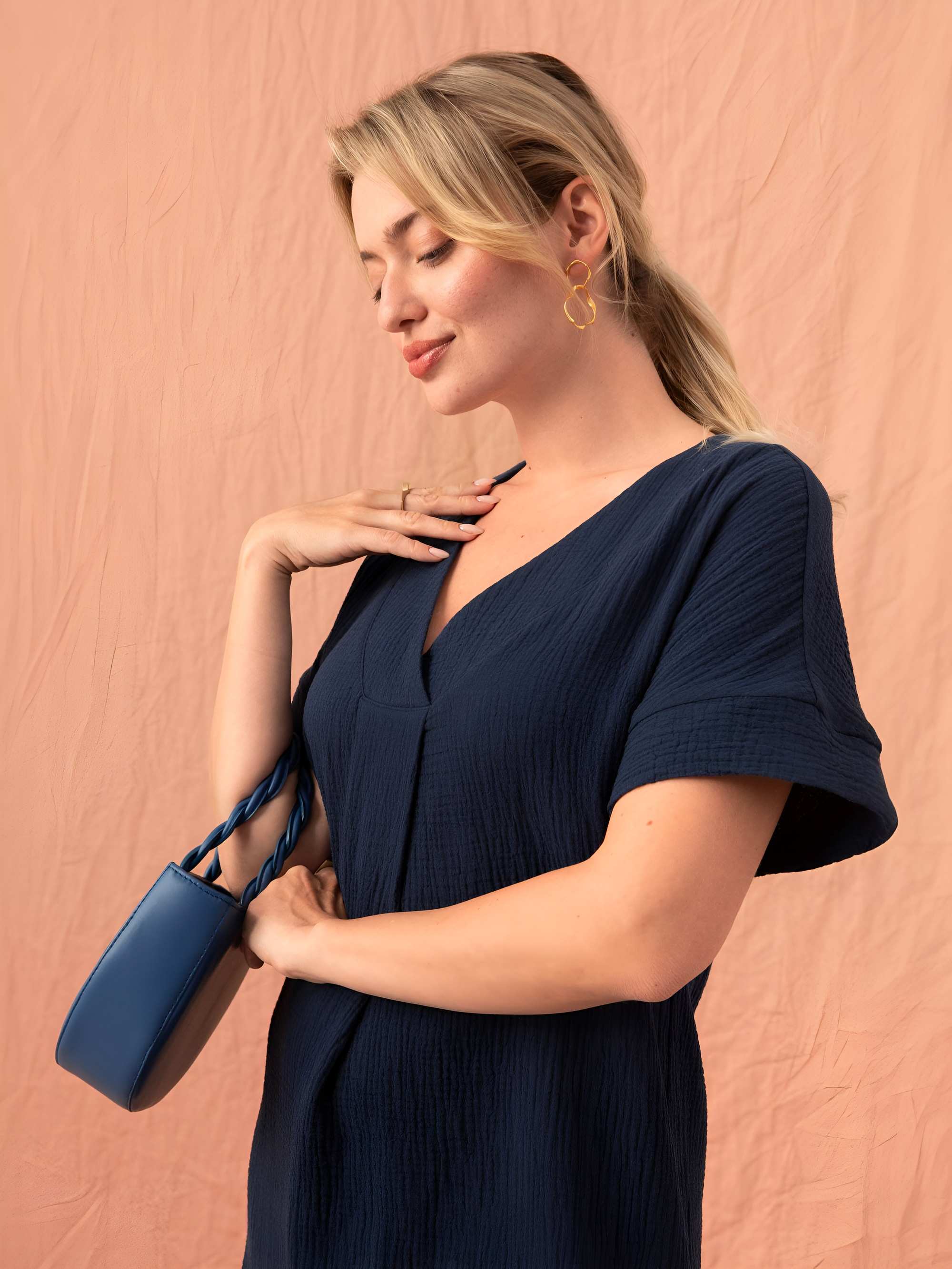 Navy blue muslin loose-fitting dress Women