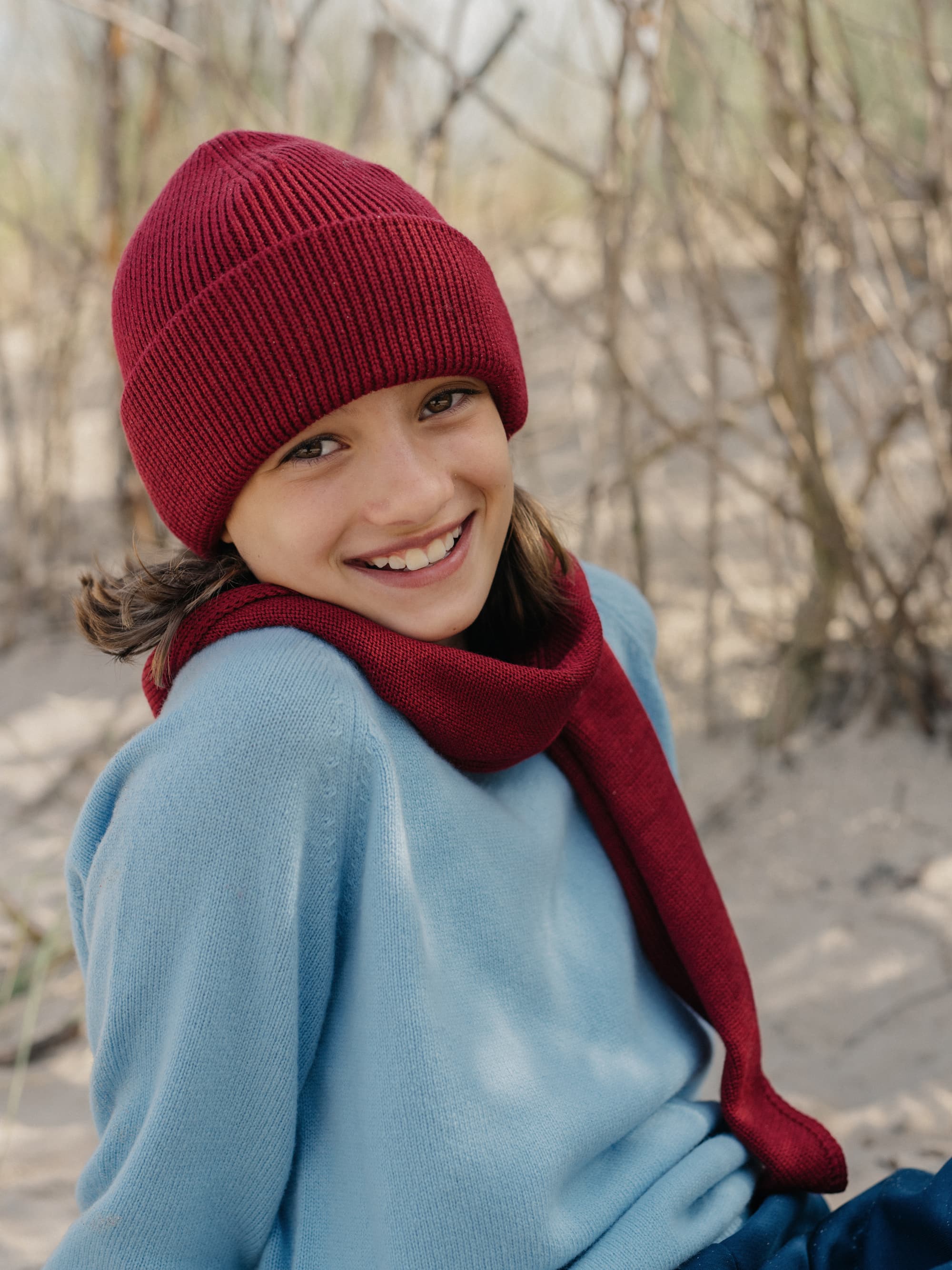 Dark red Merino Double Cuff Beanie