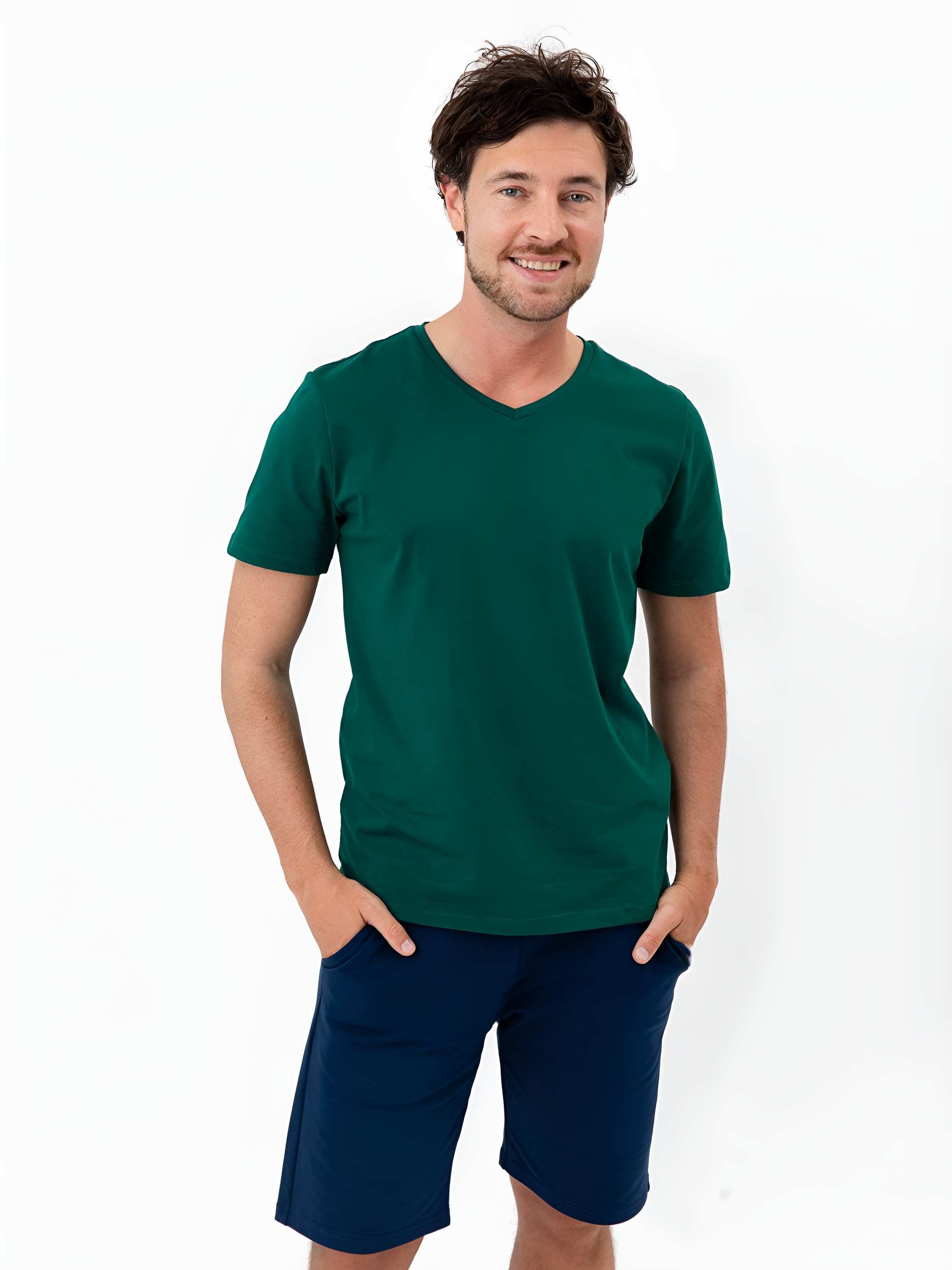 Butelkowozielony T-shirt w serek męski