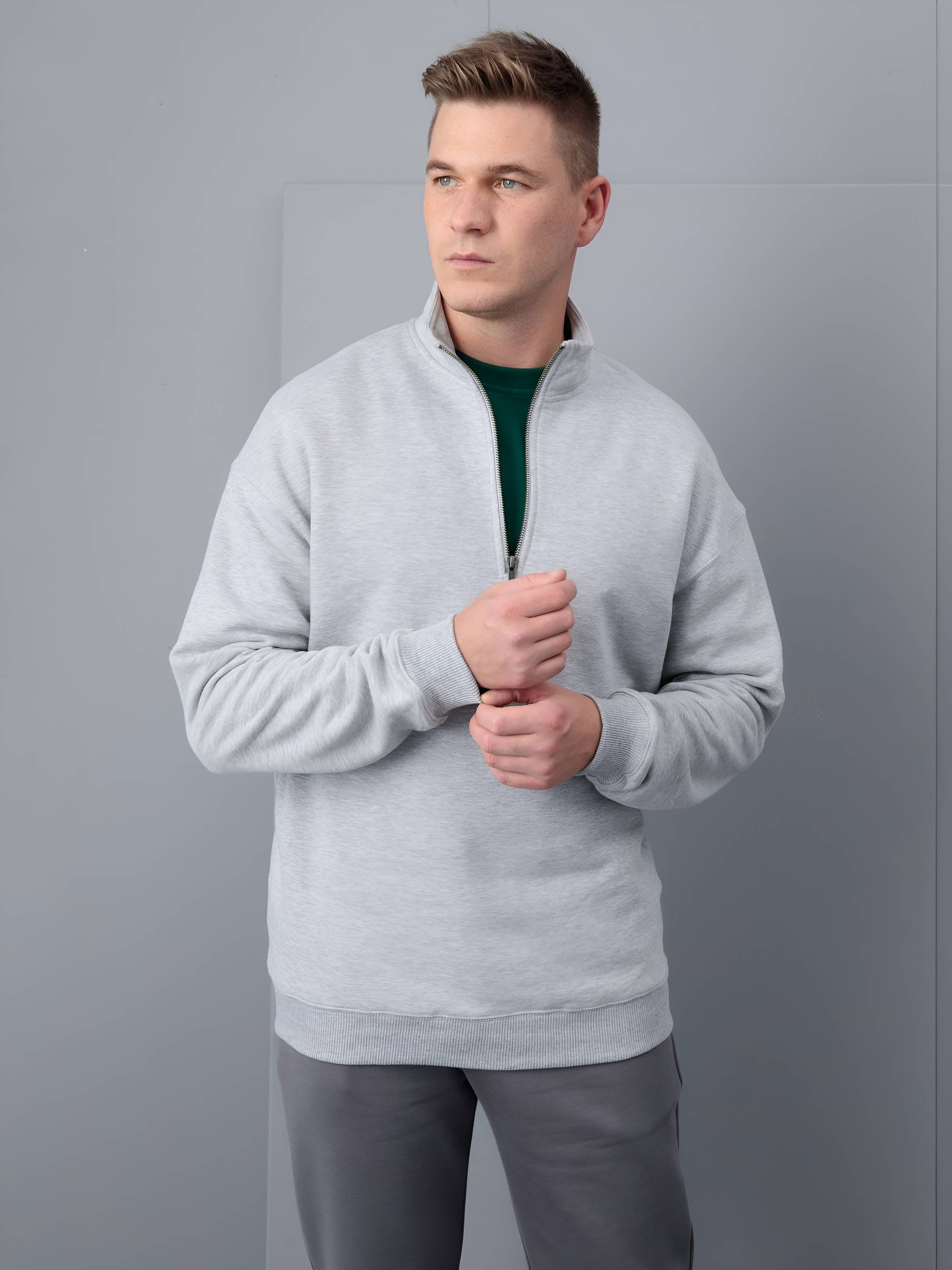 Szara bluza przez głowę ze stójką męska