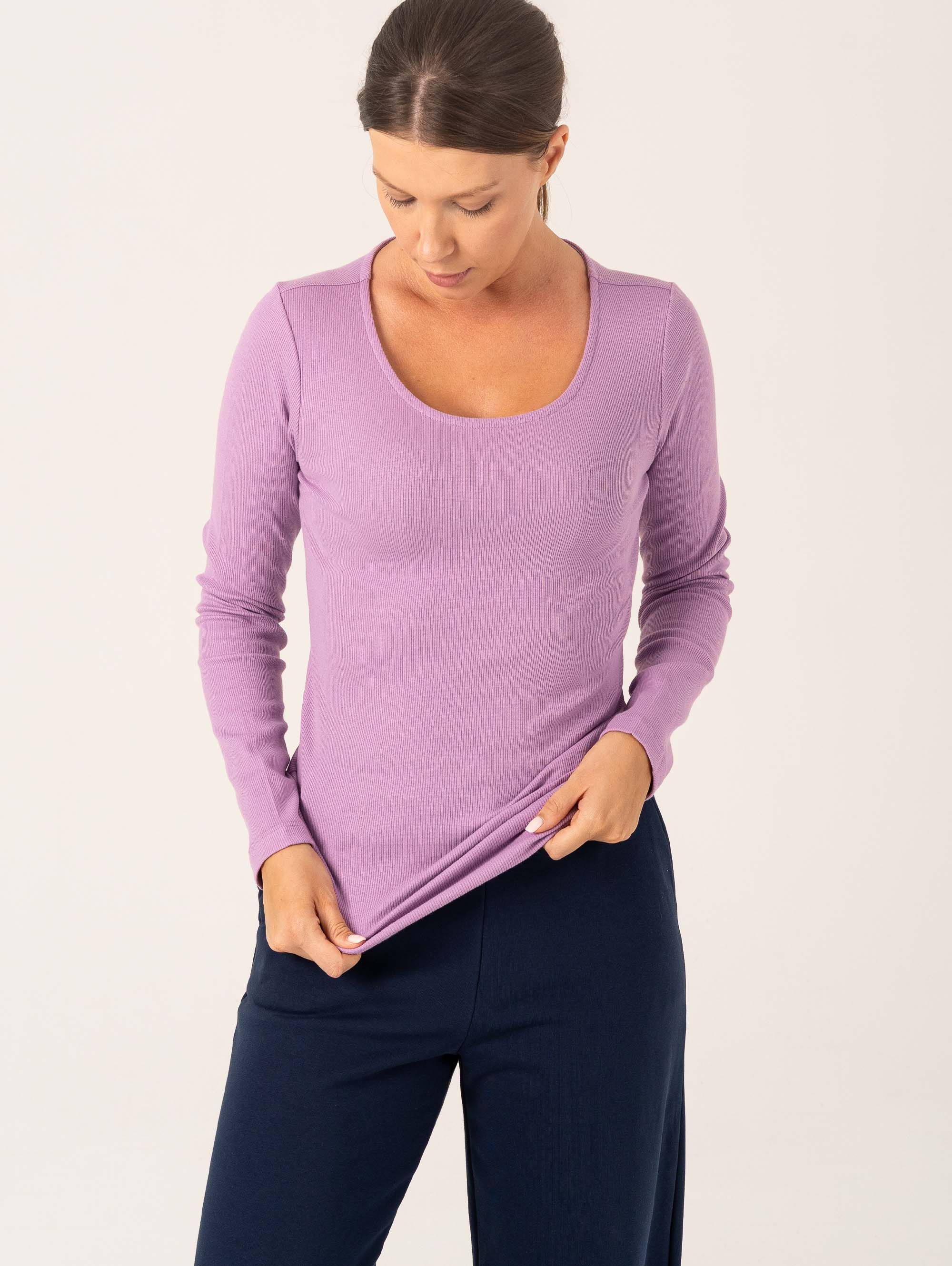 Light purple Ribbed Cotton Long-Sleeve Shirt Women