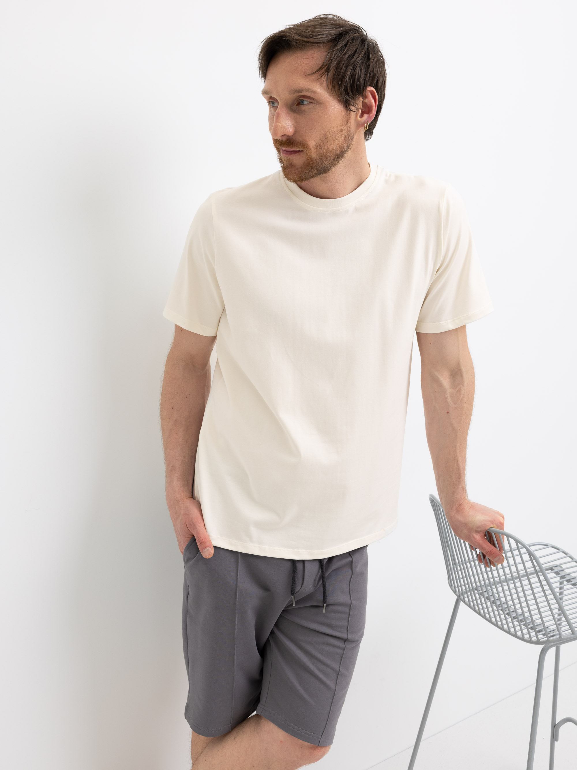 Cream white ribbed T-shirt Men