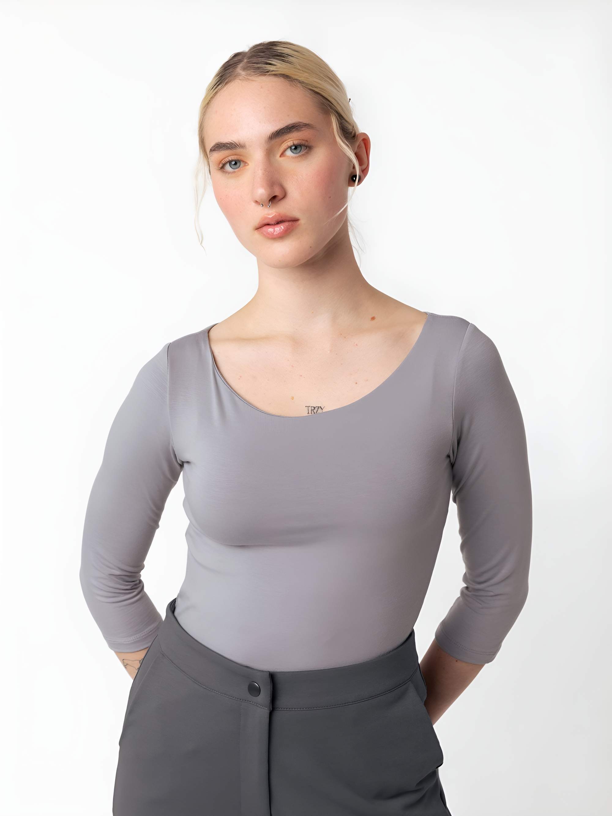 Szare body z rękawem 3/4 damskie