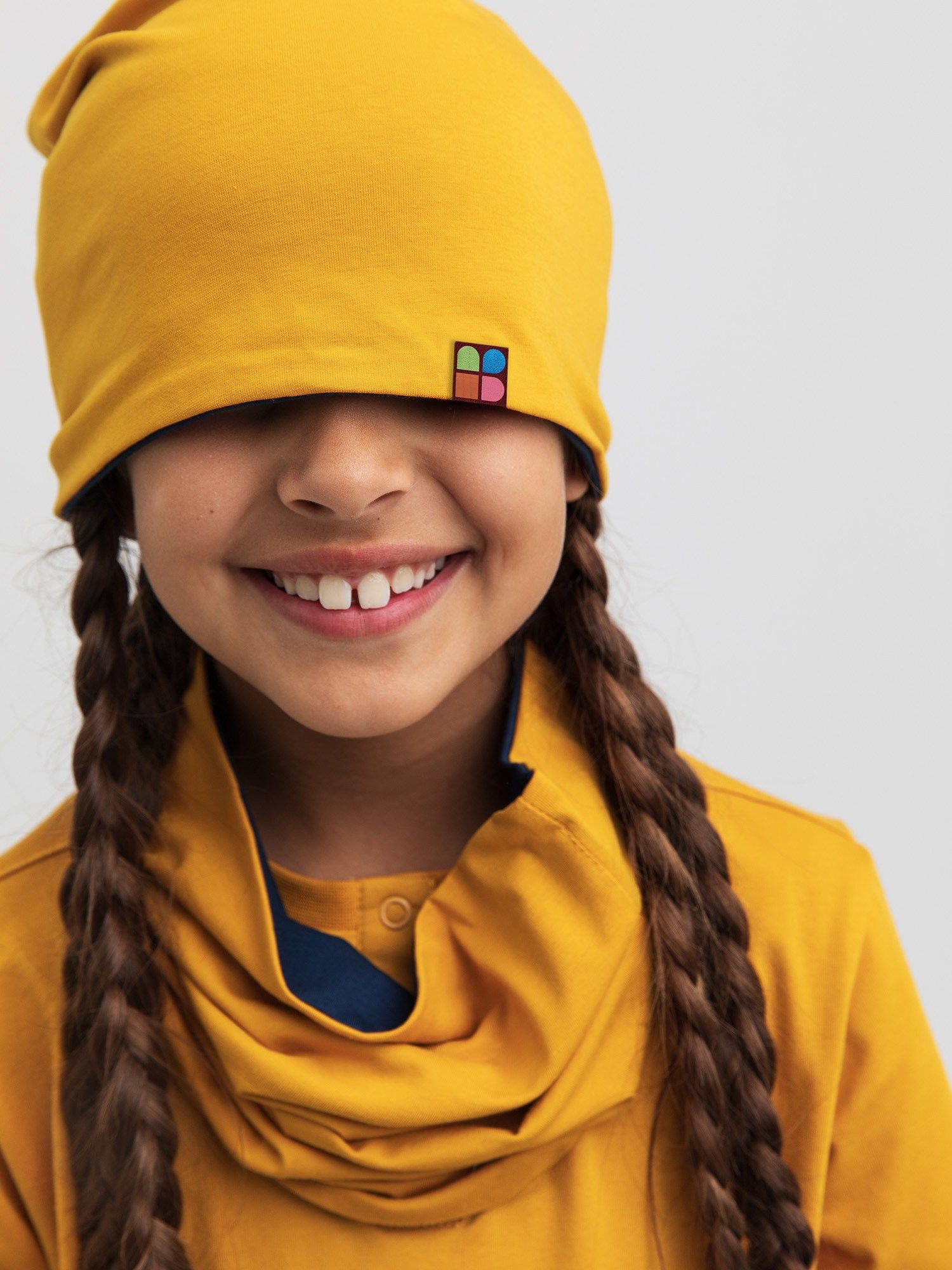 Mustard-navy blue Reversible Beanie & Neck Warmer Set Junior