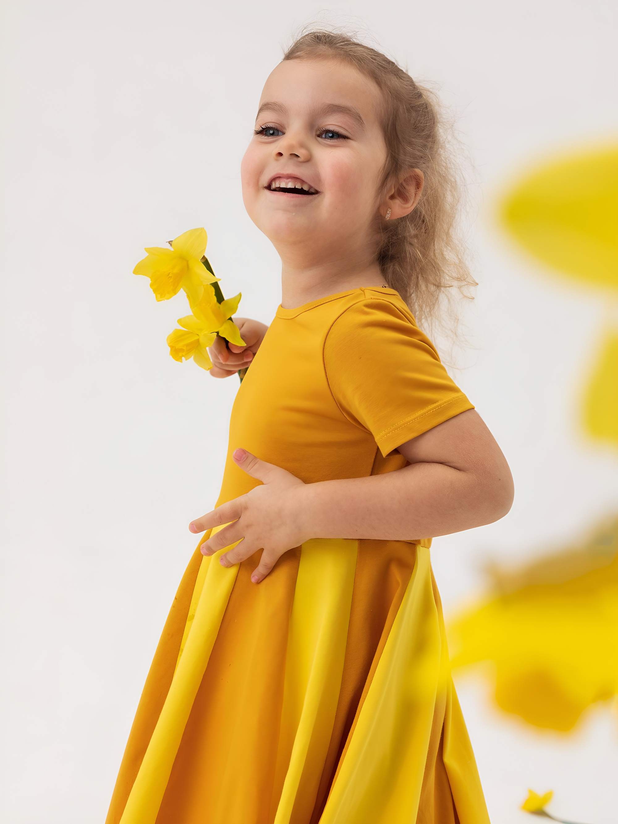 Mustard - yellow short sleeve dress with colorful ruffle
