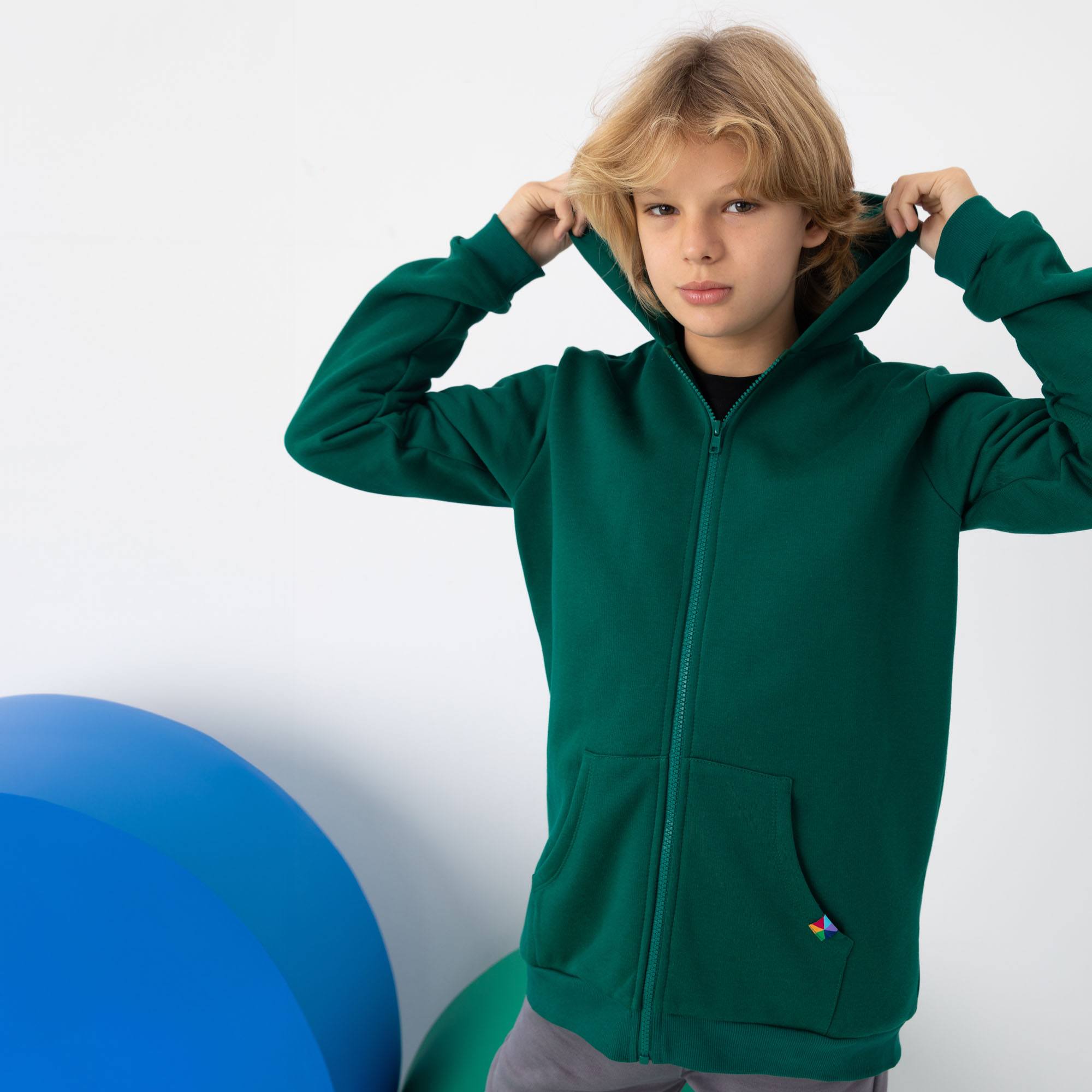 Butelkowozielona bluza rozpinana z meszkiem Junior