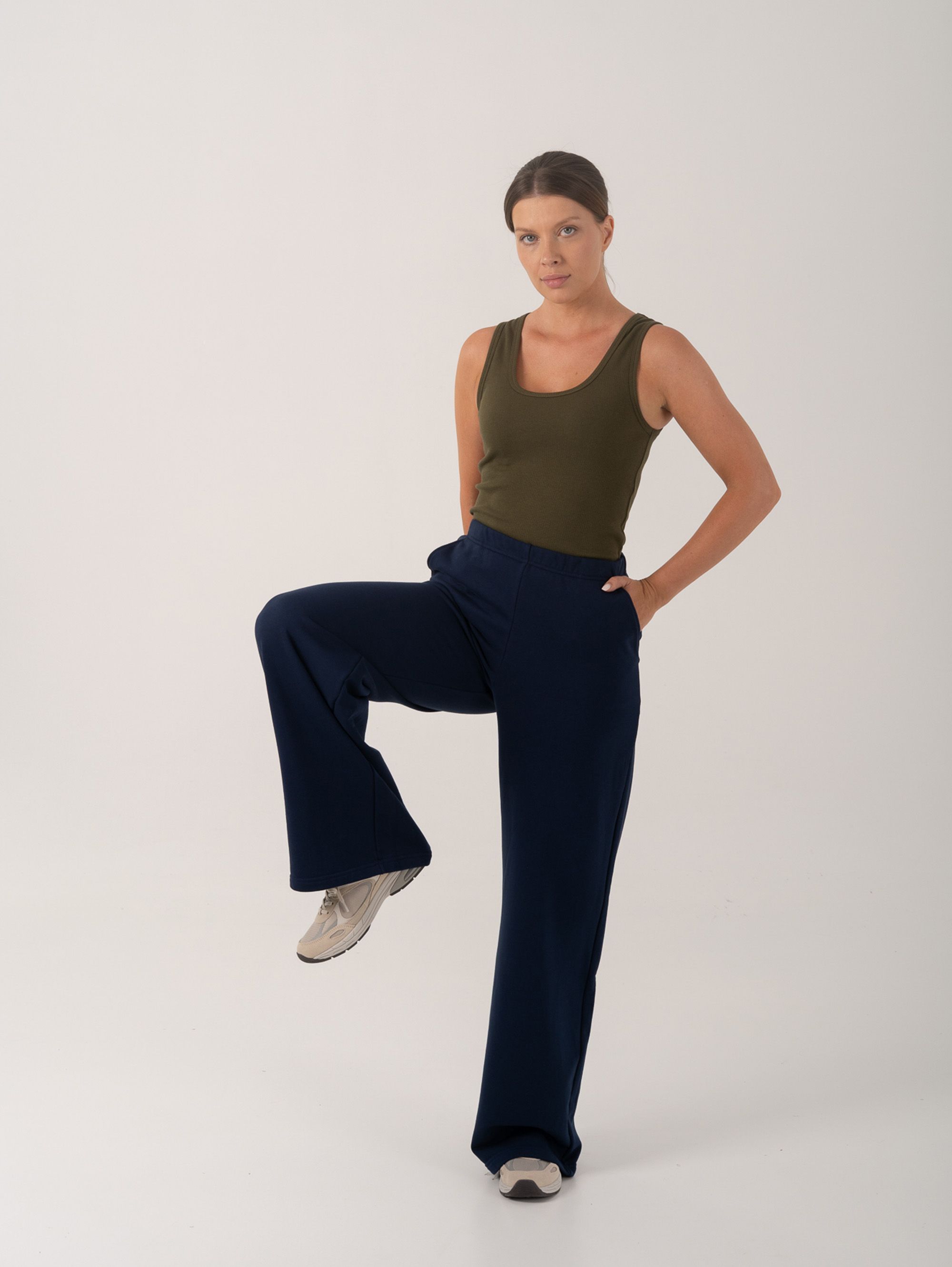Navy blue Wide Fit Diagonal Pants Women LONG